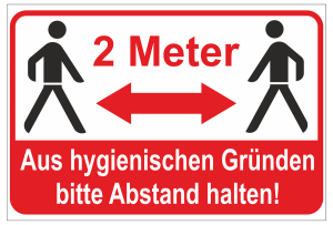 Hygieneschild Querformat aus PVC mit Hinweis 2 Meter Abstand halten